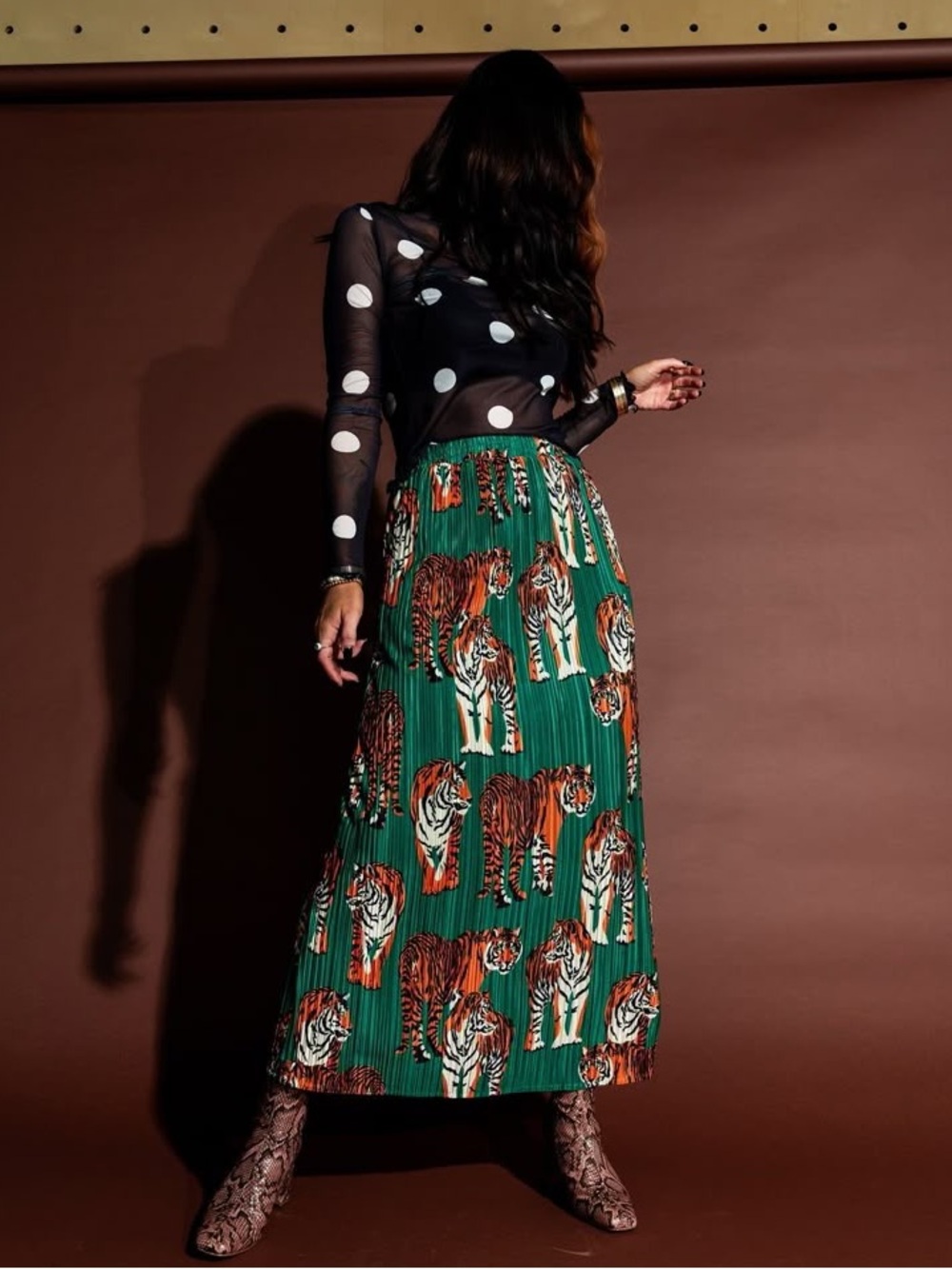 Dressed in Lala Santorini Midi Plisse Pleated Skirt in Green Tiger Tales Print - Picture 2 of 12